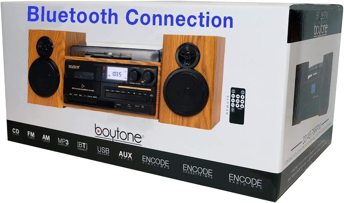 Boytone BT-28SPW, Bluetooth Classic Style Record Player Turntable with AM/FM Radio, CD/Cassette Player, 2 Separate Stereo Speakers, Record from Vinyl