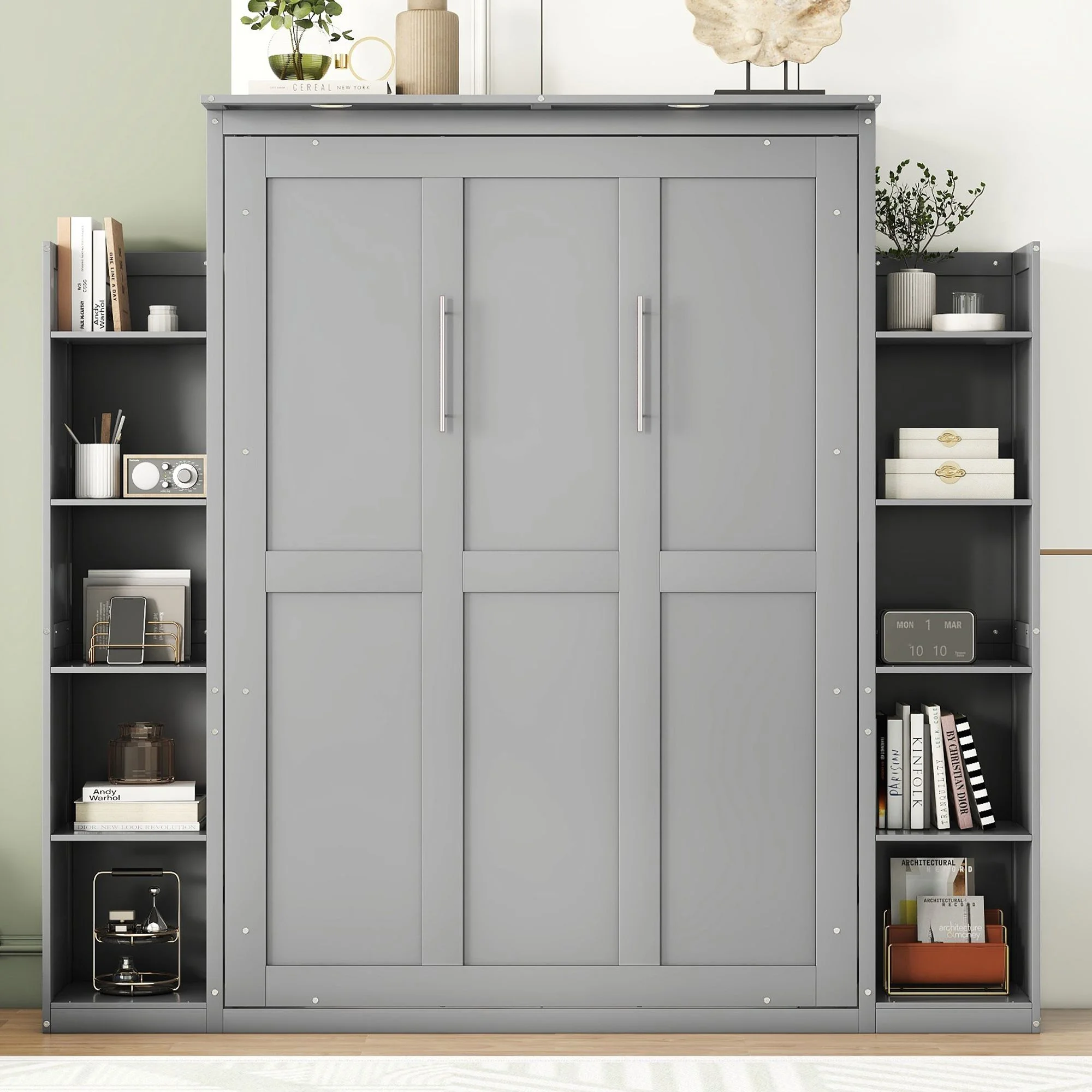 Practical Design Solid Wood Bed Frame Murphy Bed Wall Bed with Shelves and LED Lights, Platform Bed Frame, Mid Century Bedframe, Wood Foundation(Gray