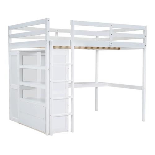 Harper & Bright Designs Full Size Loft Bed with Desk & Wardrobe, Wood Full Loft Bunk Bed with Storage Shelves and Drawers, No Box Spring Needed,White