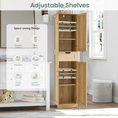 Iwell 67" Tall Bathroom Cabinet, Storage Cabinet with 2 Doors & 1 Drawer, Bathroom Storage Cabinets with Adjustable Shelves, for Living Room