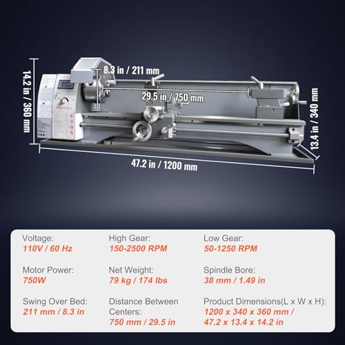 VEVOR Metal Lathe Machine, 8.3'' x 29.5'', Precision Benchtop Power Metal Lathe, 0-2500 RPM Continuously Variable Speed