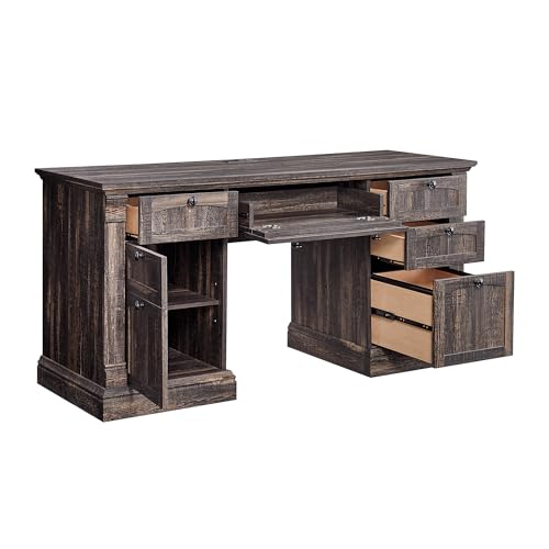 OKD 60" Executive Desk with Drawers, Farmhouse Home Office Desk with Charging Station, Keyboard Tray, File Cabinet Storage