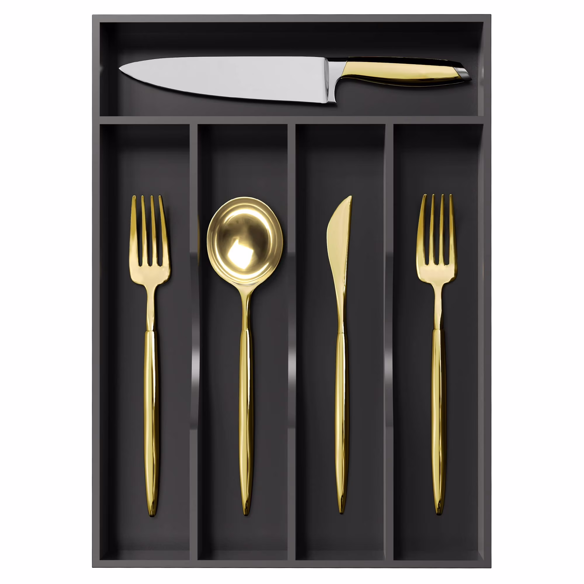Kitchen Drawer Organizer for Silverware, Bamboo Wood Utensil Tray 10x14 Inches, 5-Section Cutlery Holder, Flatware Storage Solution, Black