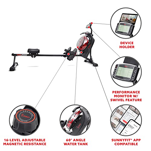 Sunny Health & Fitness Elite Water Rowing Machine with High Dynamic Resistance Vertical Tank