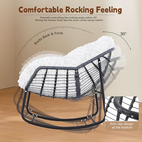 Outdoor Indoor Rocking Chair, Patio Wicker Egg Chair, Indoor & Outdoor Comfy Oversized Papasan Chair with Padded Cushion
