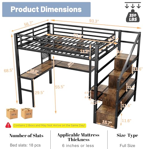 Queen Loft Bed with L-Shaped Desk and Stairs,Metal Queen Size LoftBed with Wardrobe and Adjustable Shelf, Gaming Bed with LED and USB