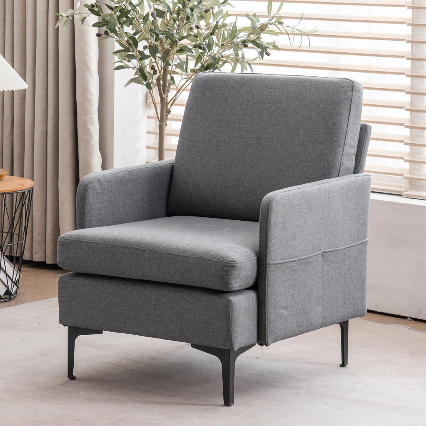 RUseeN Mid-Century Modern Fabric Club Chair, Lounge Chair, Comfy Single Sofa Accent Chair for Bedroom Living Room Guestroom, Dark Grey