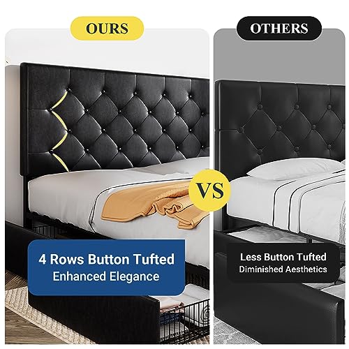 Allewie Upholstered Queen Size Platform Bed Frame with 4 Storage Drawers and Headboard, Square Stitched Button Tufted