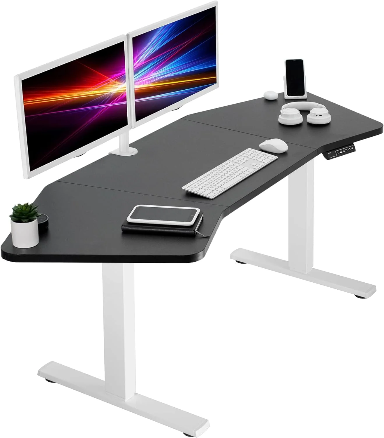 Electric Height Adjustable 71 X 24 Inch Wing-Shaped Stand Up Desk, Complete Active Corner Standing Workstation With Black Table Top, White Frame