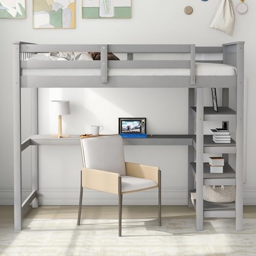 Full Size Loft Bed with L-Shaped Desk, Wardrobe and Storage Shelves, Solid Wood Bedframe w/Safety Guardrails & Ladder for Kids Teens Adults