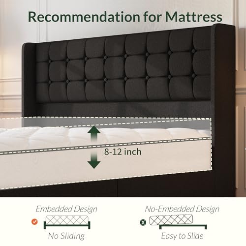 Queen Size LED Bed Frame with 4 Storage Drawers and Tufted Headboard Velvet Upholstered Platform Bed Frame Wingback Beds with Heavy Duty Wood Slats