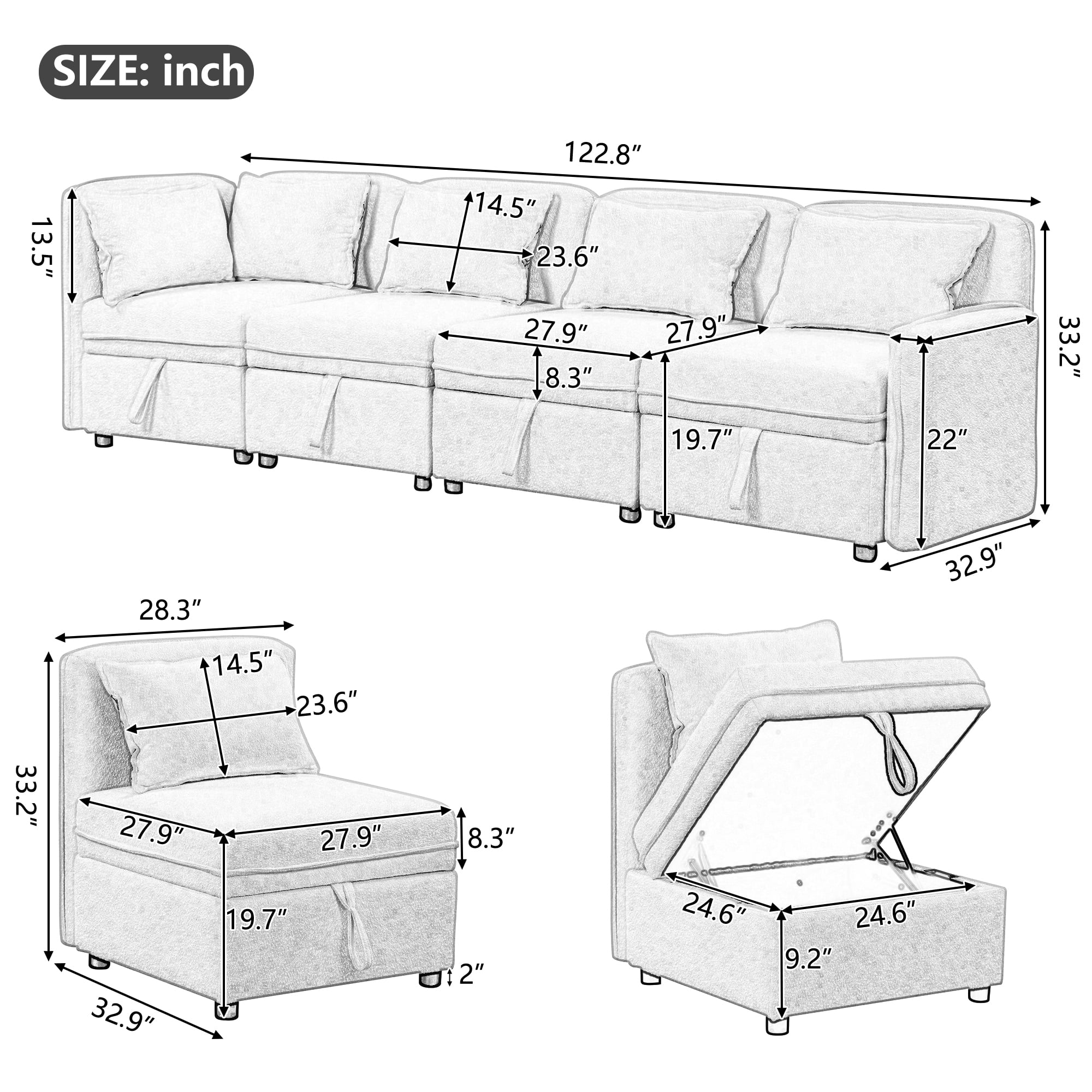 122.8" Convertible Modular Minimalist Sofa Free Combination 4 Seater Sofa Chenille Fabric Sectional sofa with 5 Pillows for Living Room, Office