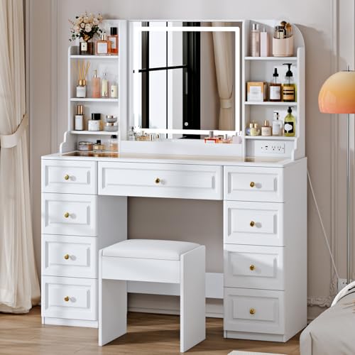 43" Makeup Vanity Desk with Mirror and Lights, & Power Outl, Glass Top Big Vanity Table with 9 Drawers& 8 Storage Shelves