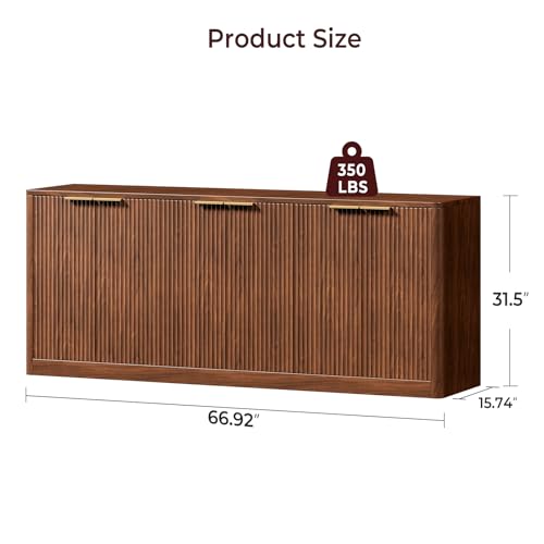 67" Fluted Oak Buffet Cabinet Sideboard with Storage, Large Credenza with 6 Doors