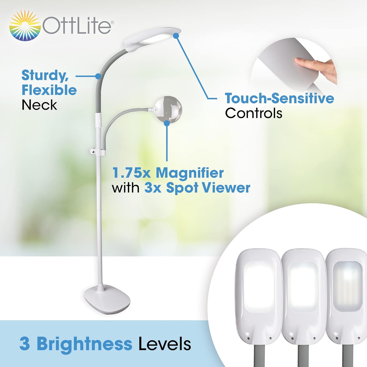 OttLite LED Floor Lamp with Optical Grade Magnifier - ClearSun LED Technology - 3 Brightness Settings, Adjustable Arm & Touch Sensitive Controls