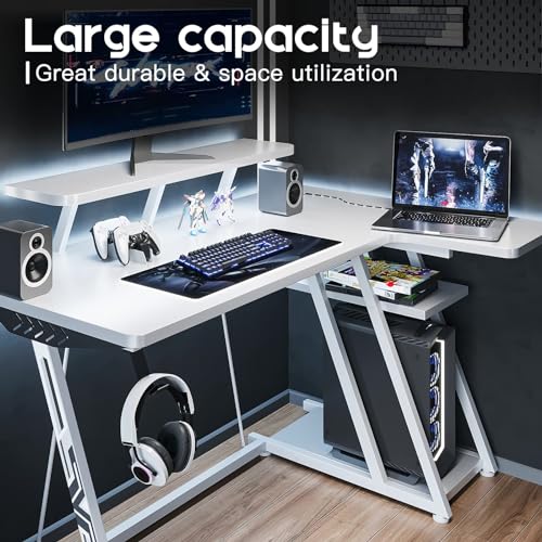 MOTPK Gaming Desk with LED Lights & Power Outlets, 55 Inch L Shaped Gaming Computer Desk with Storage Shelf, Gamer Desk with Monitor Stand