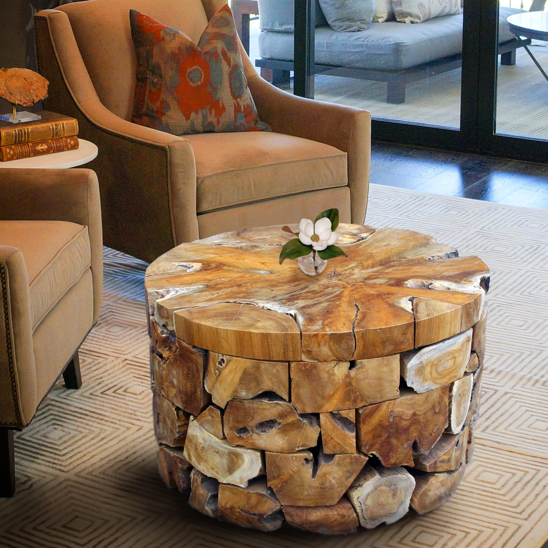 Teak Wood Round Akara Coffee Table, 28 Inch - Curated Treasures Market