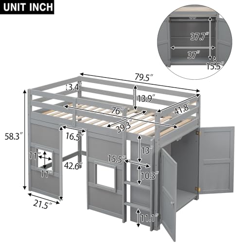 Full Size Loft Bed with L-Shaped Desk, Wardrobe and Storage Shelves, Solid Wood Bedframe w/Safety Guardrails & Ladder for Kids Teens Adults