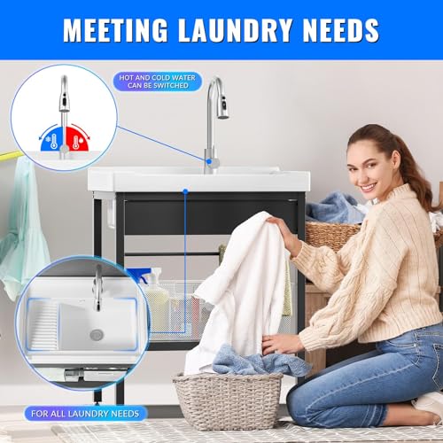 Stainless Steel Utility Sink, 30.8" × 22" × 39.5"Freestanding Sink with Cold and Hot Water Faucet,Hoses and Drain Kit for Kitchens, Bathrooms, Garage