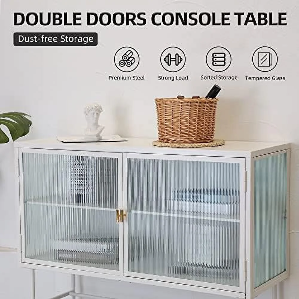 TJUNBOLIFE Retro Style Fluted Glass  Cabinet Corner Cabinet Sideboard Dual Doors Three Detachable Wide Shelves Enclosed Dust-Free  for Living Room