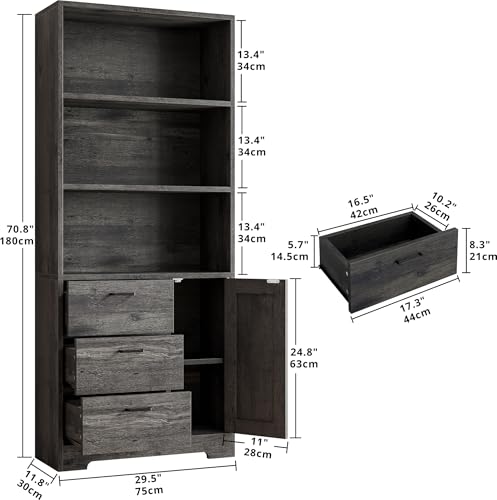 IRONCK Bookshelf with Door and 3 Drawers, 71in Tall Bookcase Shelf with 3-Tier Shelves, for Bedroom Living Room Entrance Hallway Home Office