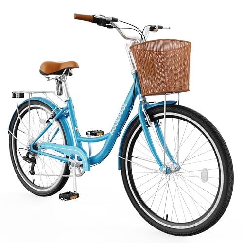 MOONCOOL Womens Bike 7 Speed, 24 26 inch Beach Cruiser Bikes for Women, Step Through Adult Bicycle with Front Basket for City Commuting