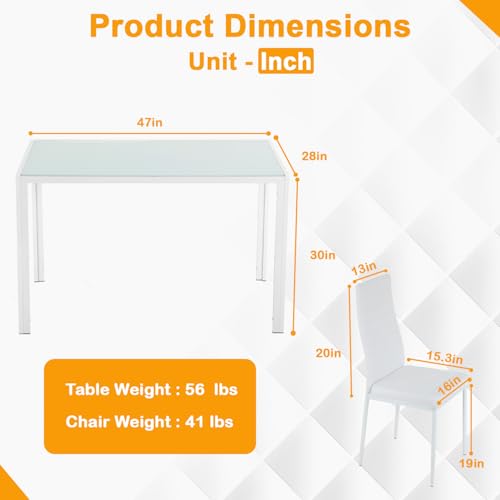 FDW | 5-Piece Dining Table Set | Glass Kitchen Table with 4 Upholstered Chairs | Space-Saving Design | Faux Leather Cushions | Modern Rectangular