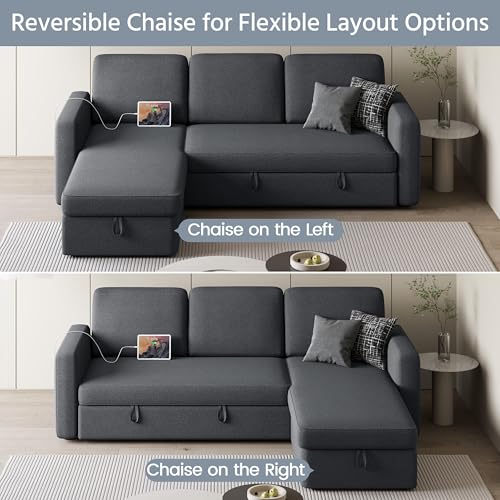 Yaheetech Sectional Sofa L-Shaped Sofa Couch Bed w/Chaise & USB, Reversible Couch Sleeper w/Pull Out Bed & Storage Space Living Room Black