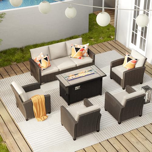 VICLLAX 6 Pieces Patio Furniture Set with 45-Inch Firepit Table, Outdoor Wicker Conversation Set with 3-seat Sofa