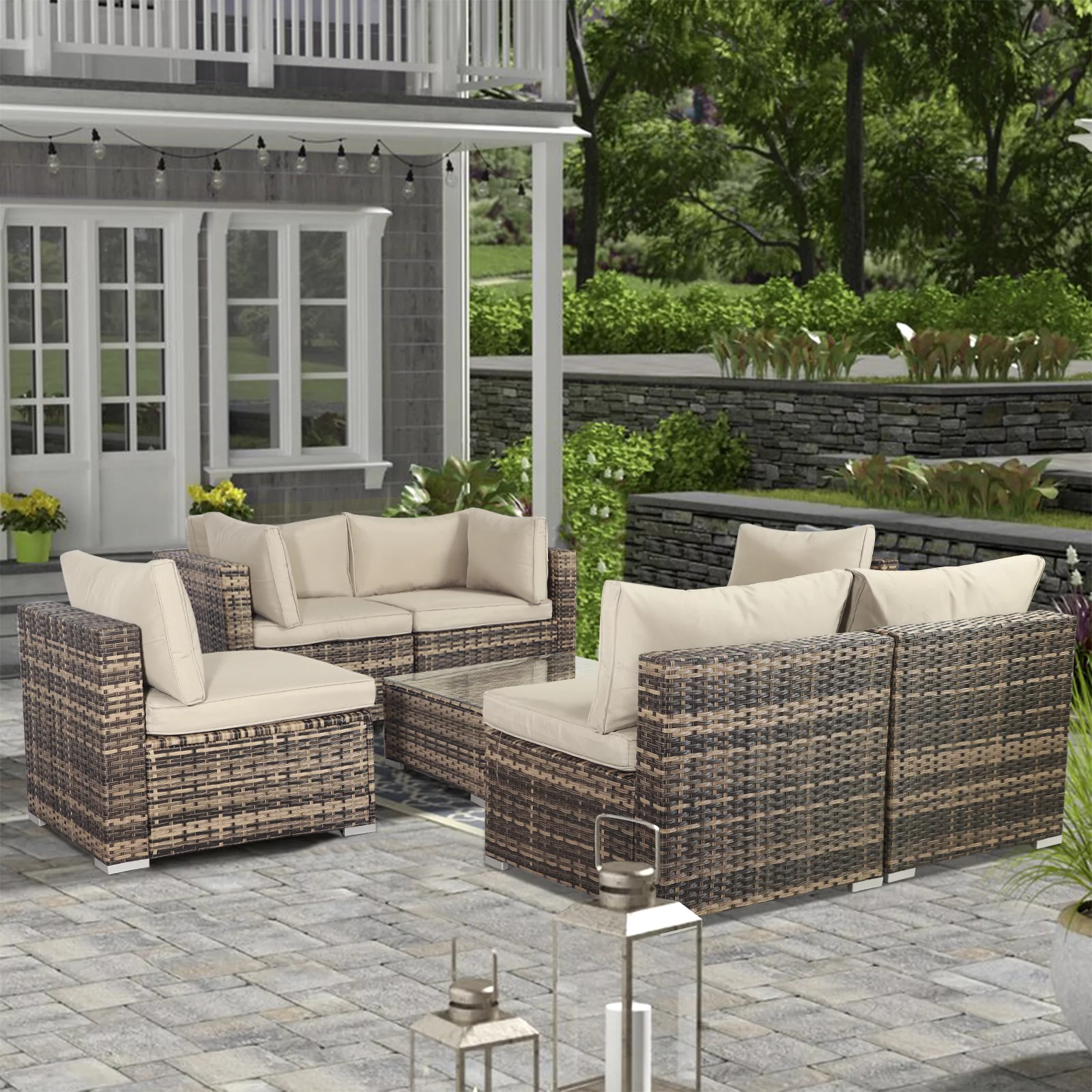 Magic Union Outdoor  7 Pieces Patio Furniture Set, PE Rattan Wicker Furniture with Table and Cushions, Beige