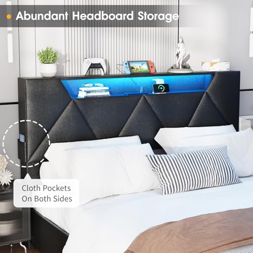 Vabches Queen Bed Frame with Storage Headboard and 4 Drawers,Upholstered Platform with Charging Station and Led Lights,Adjustable Headboard