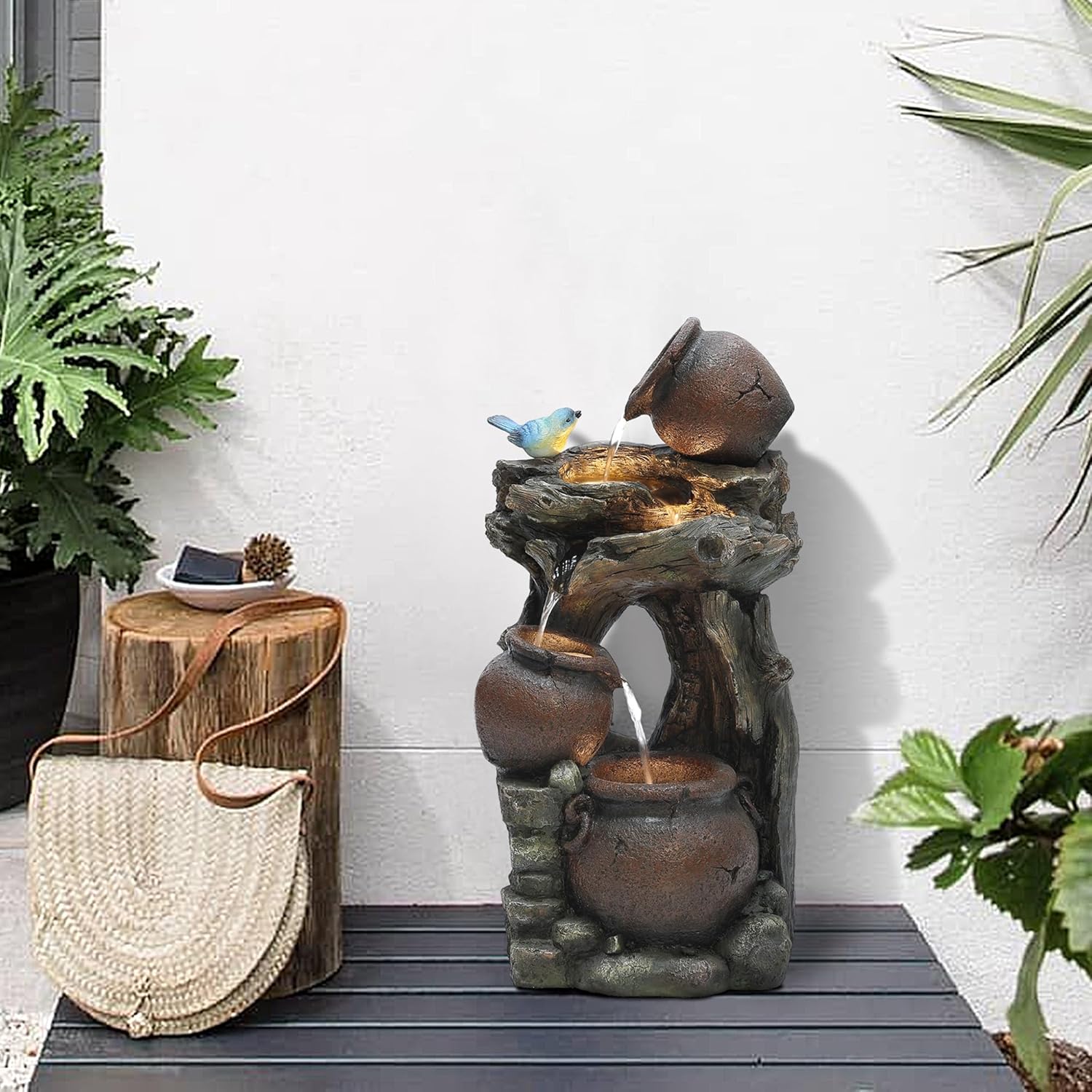 LuxenHome 25.6" Rustic Pots and Pitchers on Tree Resin Outdoor Fountain with LED Lights Fountains and Waterfalls Decor for Patio Yard Garden Water