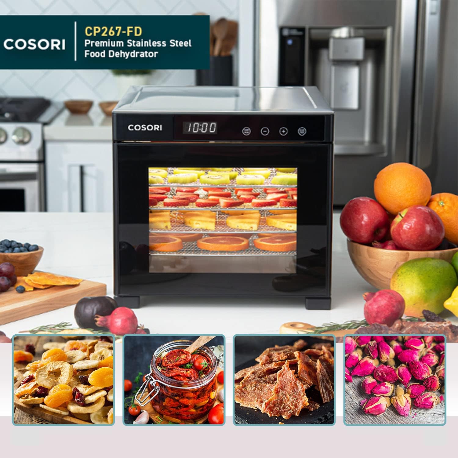 COSORI Food Dehydrator for Jerky, Large Drying Space with 6.48ft&sup2;, 600W Dehydrator Machine, 6 Stainless Steel Trays, 48H Timer, 165&deg