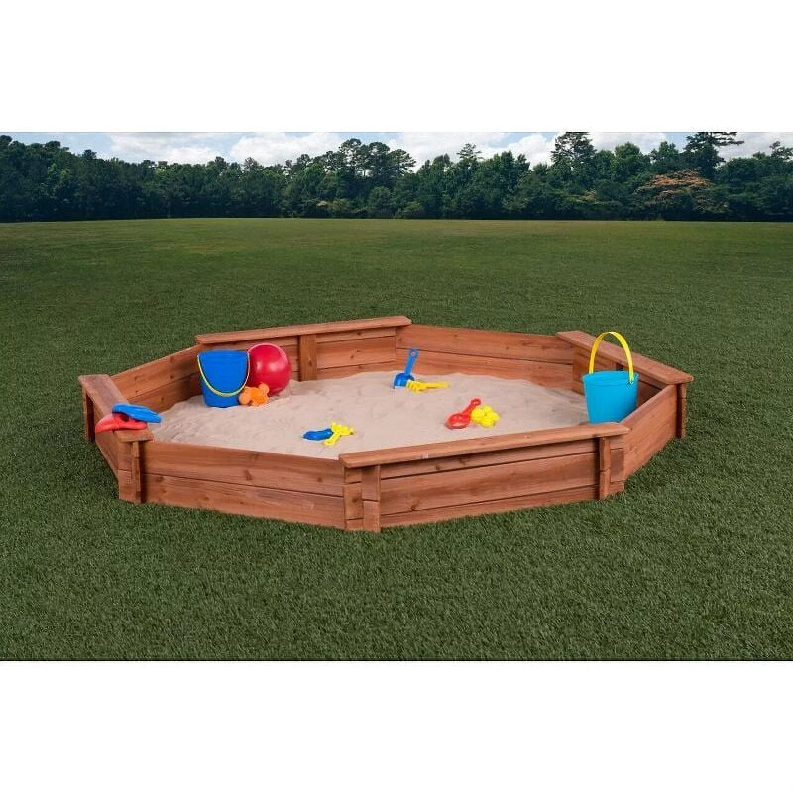 Octagon Wooden Cedar Sand Box W Seat Boards | Eco-Friendly Cover & Ground Liner | 84" X 78" x 9" | Easy DIY Assembly | Holds 800+ lbs of Sand |