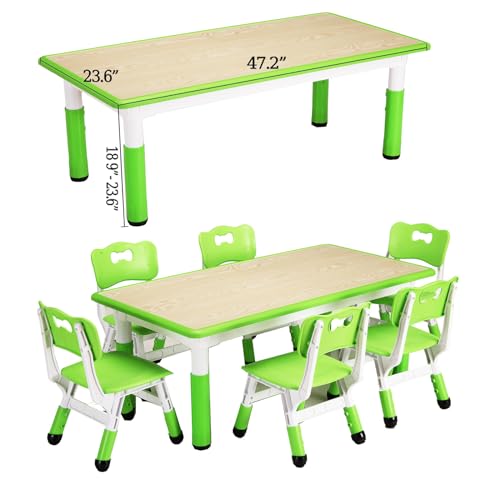 Kids Table and Chairs Set, Height Adjustable Desk with 6 Seats for Ages 2-10,Arts & Crafts Table,Graffiti Desktop, Non-Slip Legs, Max 300lbs