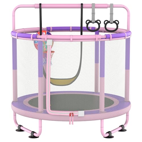 LANGXUN 60" Trampoline for Kids, 5ft Toddler Mini 6-in-1 Trampoline Indoor Outdoor with Swing, Basketball Hoop, Dart Board, Gymnastics Bar, Rings
