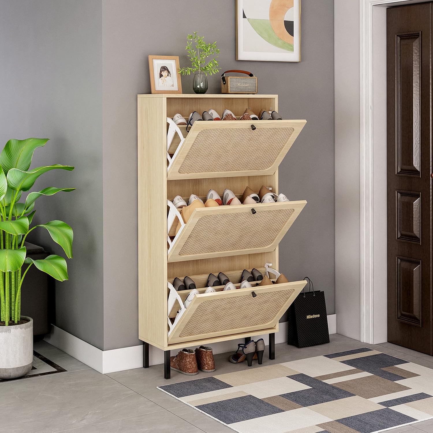Natural Rattan 3, Freestanding, Modern Entryway Storage Cabinet Slim, Shoe Rack for Front Door Entrance, White+Walnut