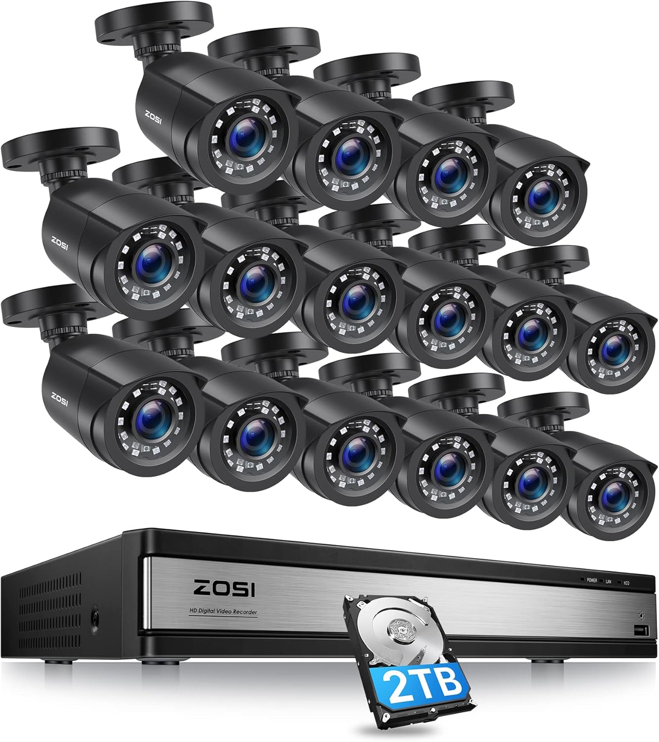 ZOSI 16CH 1080P Security Camera System with 2TB Hard Drive,H.265+ 16Channel 1080P HD-TVI DVR with 8PCS 1080P Outdoor Indoor Surveillance Cameras