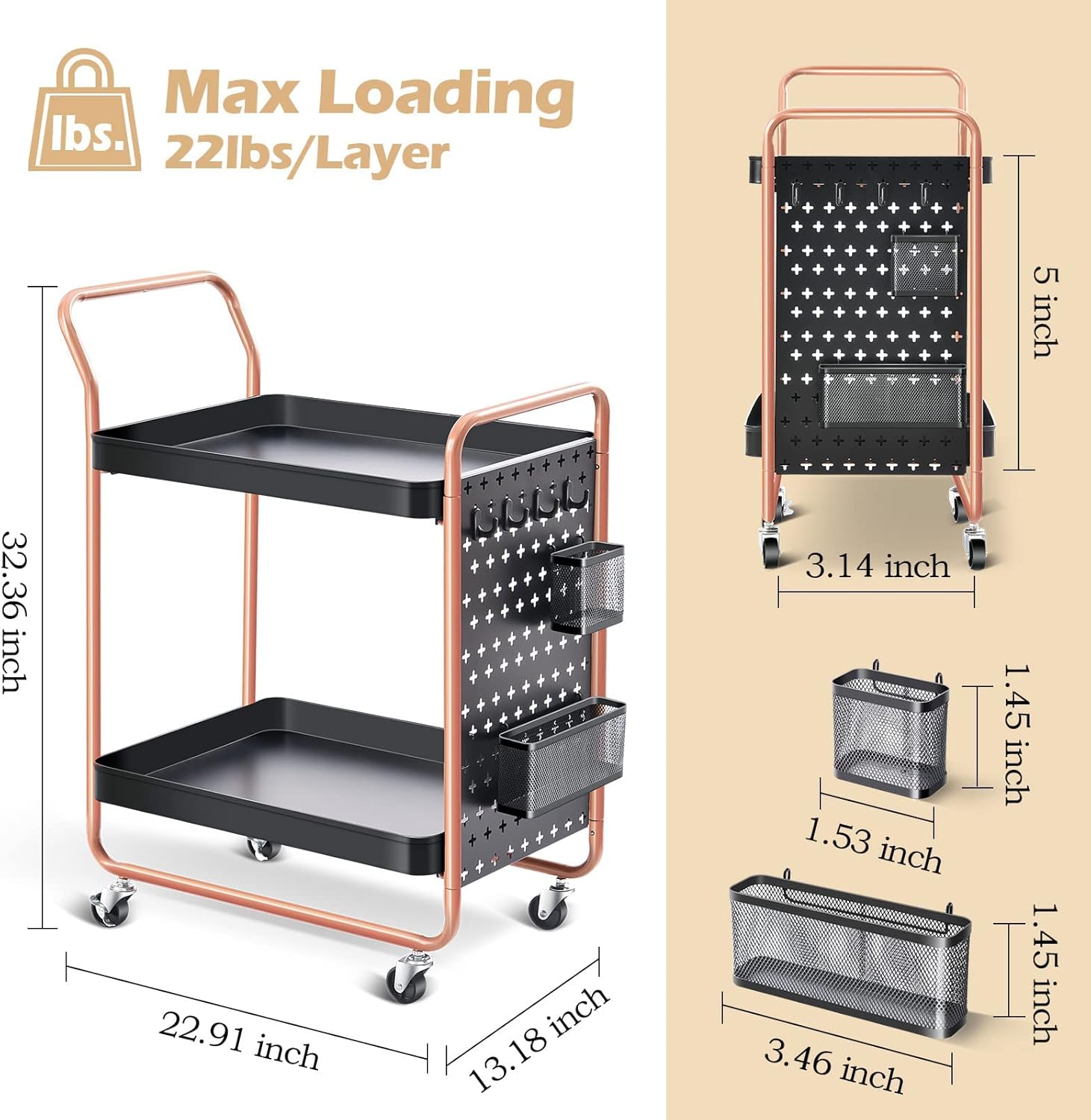 TOOLF Large Heavy Duty Utility Cart, Metal Rolling Storage Organizer Cart 2 Tier Tool Cart with Wheels