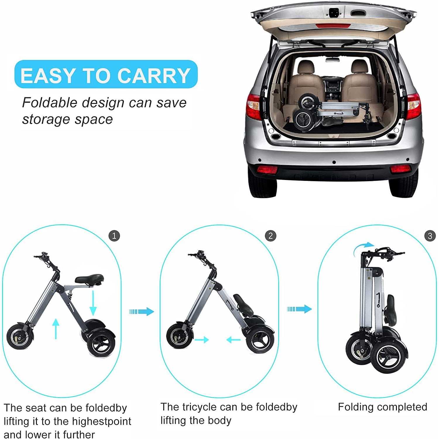 Topmate ES32 Electric Scooter Tricycle for Adult, Foldable 3 Wheel Mobility Scooter with Reverse Function, Key Switch and Electric