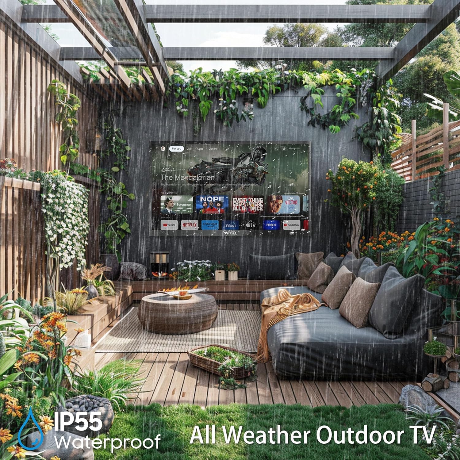 SYLVOX 43'' Outdoor Google TV Waterproof 4K QLED Television, Built-in Chromecast Voice Assistant 15W Stereo Surround Panoramic Sound