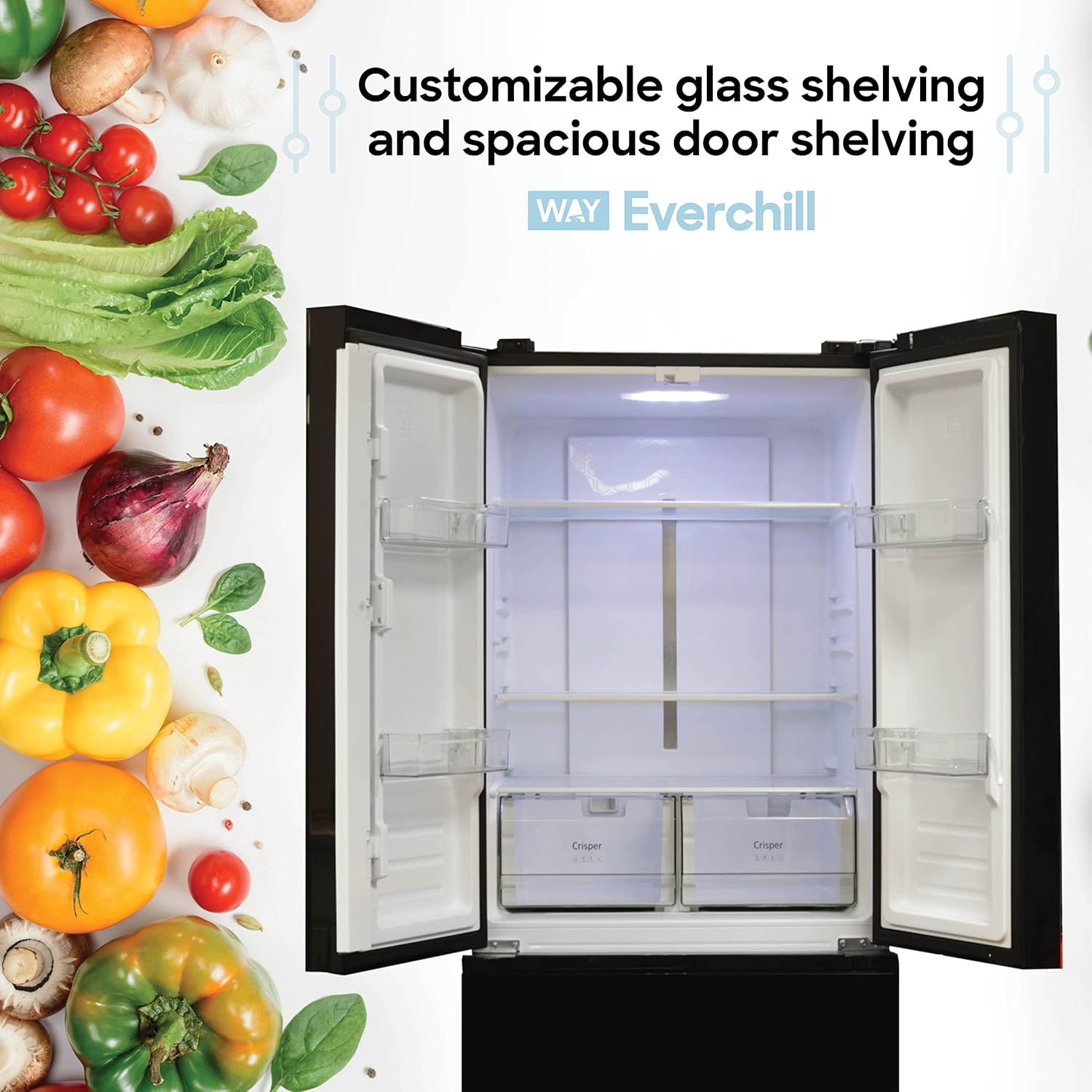 Everchill RV Refrigerator, 110V Fridge, 16.2 CU FT Capacity, 30 Inch Width, Frost Free, French Doors, Black with Glass Front
