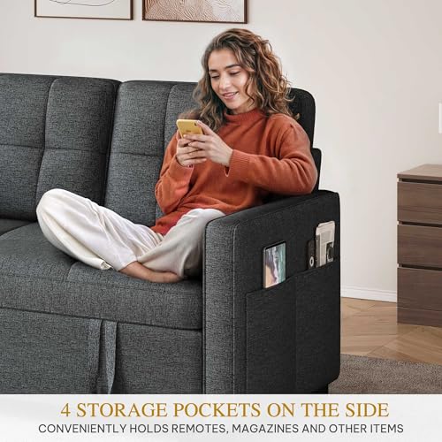 DWVO 55" Convertible Sofa Bed, 3-in-1 Sleeper Sofa with Pull-Out Bed, Linen Futon Couch with Adjustable Backrest and Side Pocket