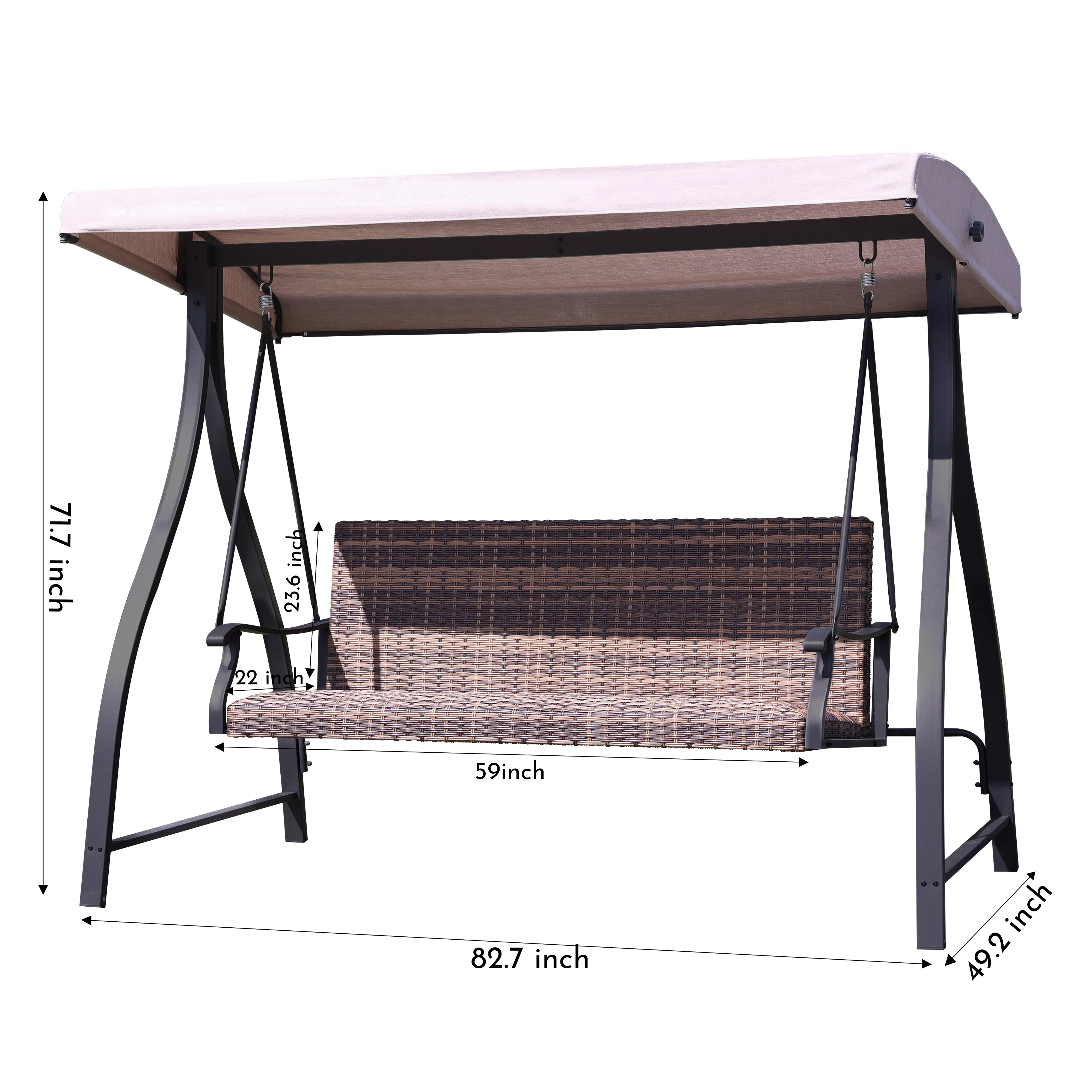 Aoodor-3-Seat Outdoor Rattan Patio Swing with Adjustable Brown Canopy, Built-in Quick-drying Foam Seat, Rattan Wicker, Rust-resistant Iron Frame