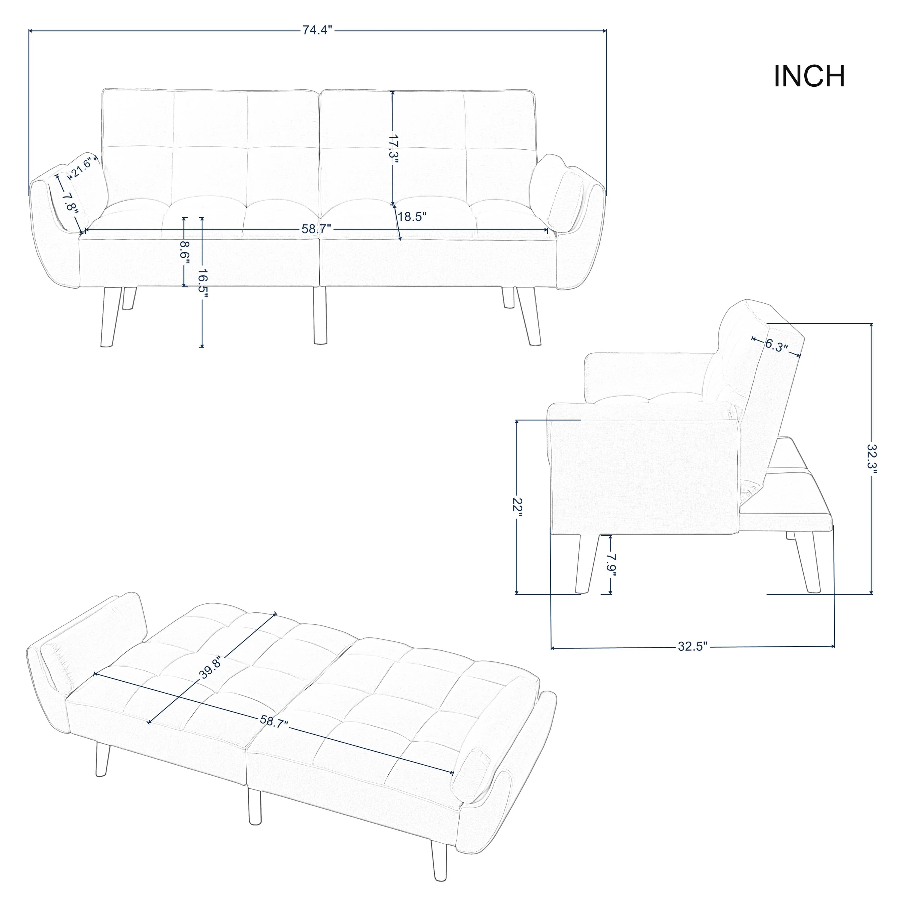 BSHTI 76” Futon Sofa Bed,Upholstered with Polyester,Wood Frame,2 Arm Pillows Included,3 Adjustable Positions ,5 Colors for Choosing