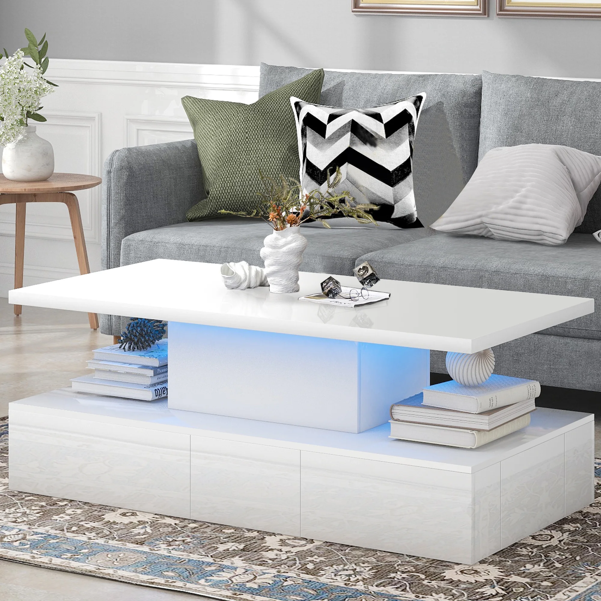 HSUNNS White LED Coffee Table for Living Room, Modern High Glossy Center Table with 4 Drawers, Smart Cocktail Table Rectangle