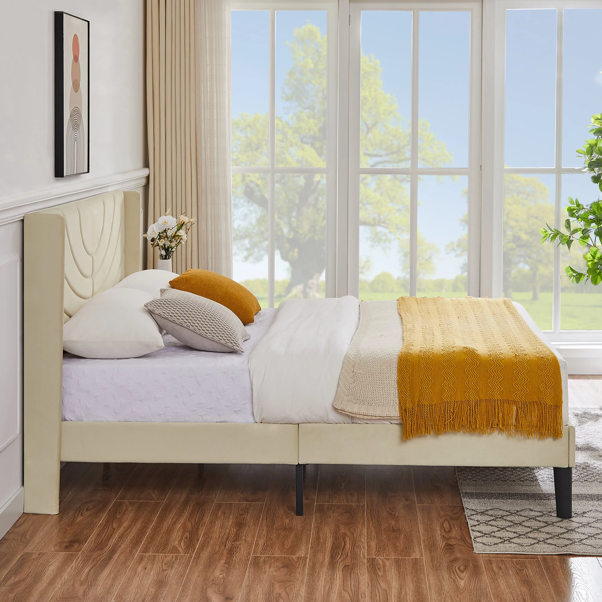 VECELO Queen Platform Bed Frame with Upholstered Headboard, Strong Wooden Slats/No Box Spring Needed, Beige