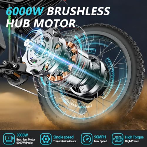 50MPH/40MPH Electric Bike for Adults, 4000W/6000W Electric Dirt Bike with 60V25Ah Battery, Max 50Miles, Dual Hydraulic Brake