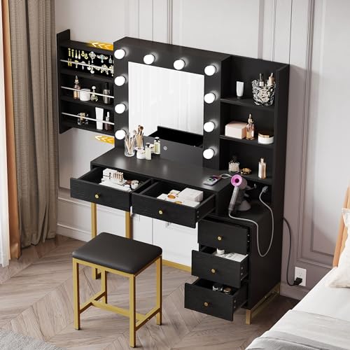 YITAHOME Makeup Vanity Desk with Mirror & Power Outlet, Hollywood Vanity Set with Hidden Jewelry Storage, 5 Drawers and Lots Shelves