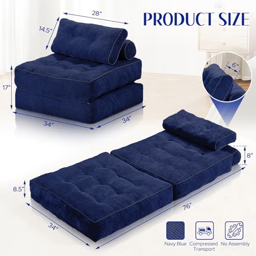 HABUTWAY Folding Sofa Bed, Convertible Sleeper Chair Bed w/Dual-Pillow & Handle, Foldable Floor Sofa Lounge w/Back Support for Living Room, Bedroom